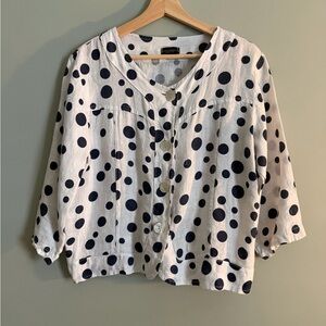 Polka Dot Button-Front Women's Top in White & Navy Blue
